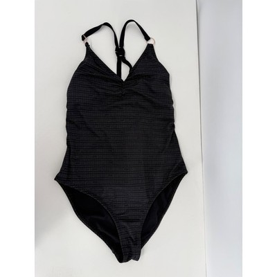 Allure by TMG Womens Black Silver Striped Lace Up One Piece Swimsuit Sz 12/14