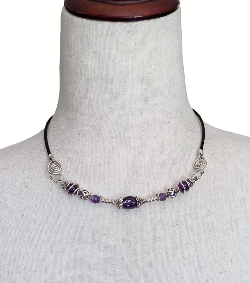 Vintage Sterling Silver Amethyst Rutilated Quartz Choker Necklace 2 Pendants - Image 2 of 4