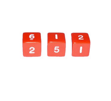 Set of three red plastic dice with printed numbers 5/8"