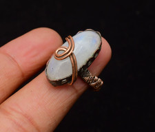 Rainbow Moonstone Gemstone Copper Wire Wrapped Handmade Jewelry Ring Size 6.5