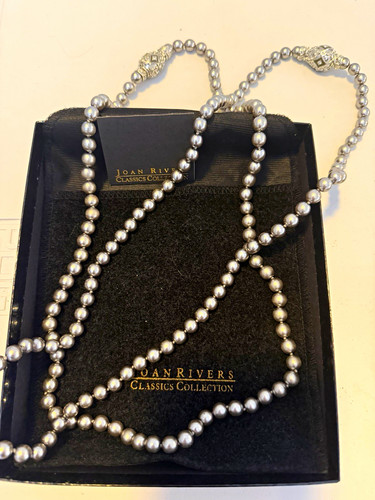 Vintage Joan Rivers Silver Gray Faux Pearl Long Necklace (Original Box)