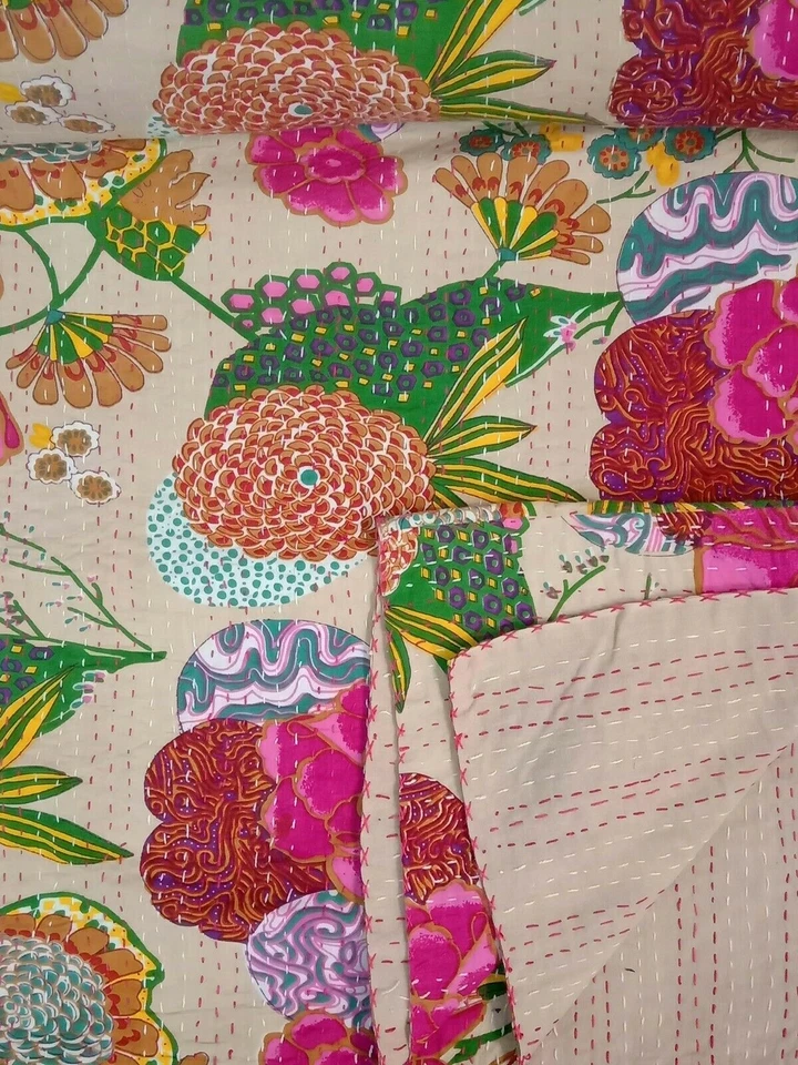 Colcha India Colcha Colcha Vintage Floral Arte Edredón Kantha Edredón Manta Foto 3 de 4