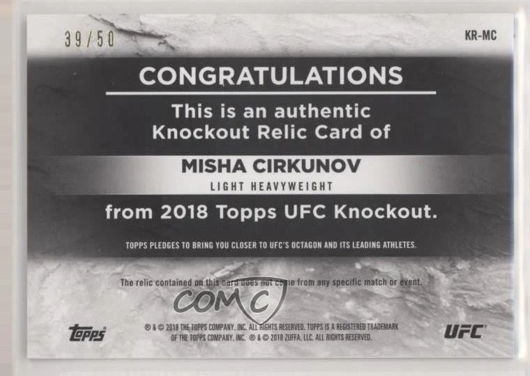 2018 Topps UFC Knockout Knockout Relics Blue /50 Misha Cirkunov #KR-MC - Image 2 of 2