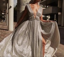 Jonathan Simkhai Plisse Lame Goddess Gown Flawed Champagne Sm
