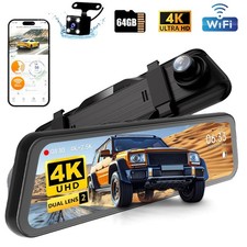 4K Dash Cam Front Rear 9.66" Dual Dash Camera 5G WIFI WDR APP w/ 64GB SD Card