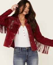 Women's Western Cowgirl American Red Leather Cowhide Jacket With Fringes