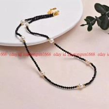 Black Spinel 3mm Faceted Round Gems Beads Natural White Pearl Necklace 16-36''