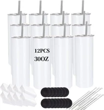 12 Pack Sublimation Tumblers Bulk 30oz - Blank Straight Skinny Tumbler Stainless