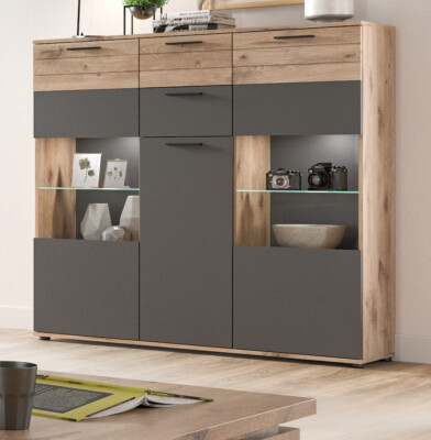 Highboard Wohnzimmer Esszimmer Schrank Buffet Eiche grau 140 x 134 cm LED Tomaso