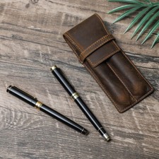 Genuine Leather 2 Slots Pen Cases Pencil Holder Organizer Office Pen Storage Bag