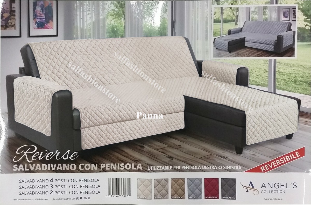 Salvadivano Con Penisola Reversibile DESIDERI - Copridivano Idrorepellente E Antimacchia, Colore Tortora, Per Divano 3 Posti + Penisola