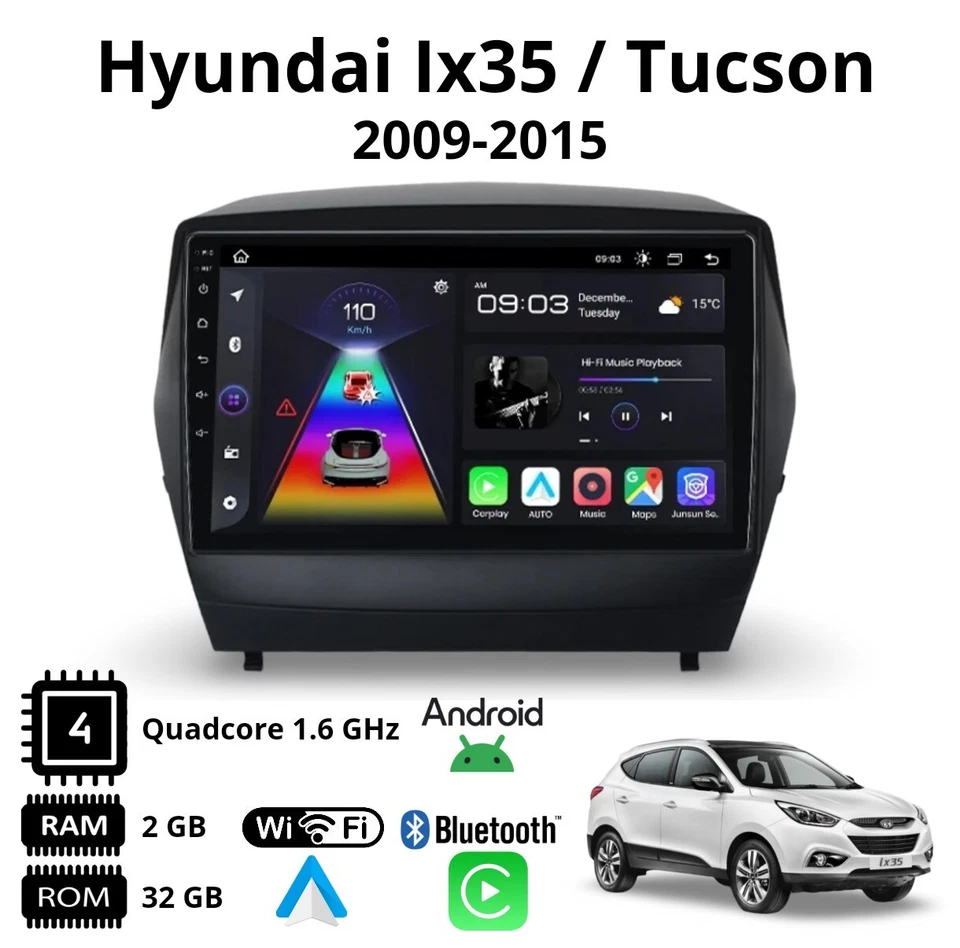 Autoradio Android per Hyundai ix35 Tucson 2009-2015 9" CarPlay Android Auto GPS - Immagine 2 di 4