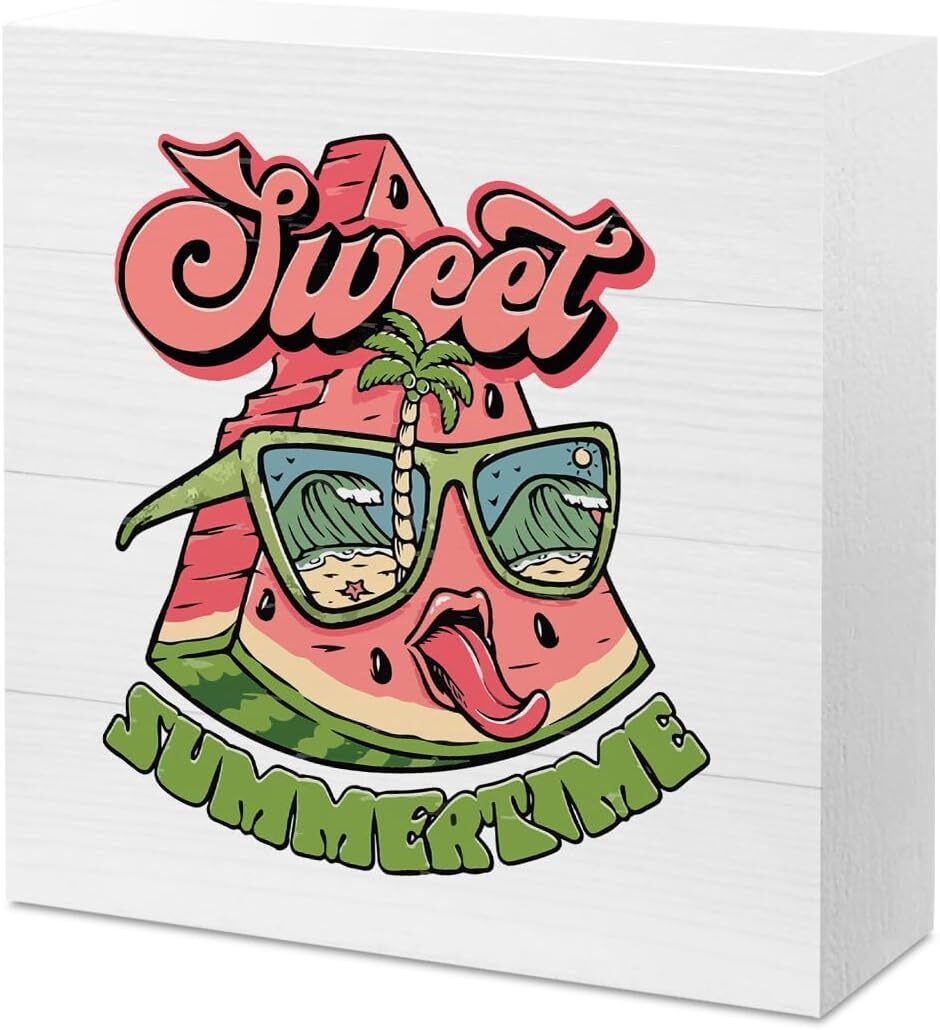 Summer Watermelon Sign Farmhouse Desk Decor 5x5 Inch Rustic Wooden Accent