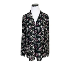 Attention Floral Long Sleeve V-Neck Blouse Medium Black