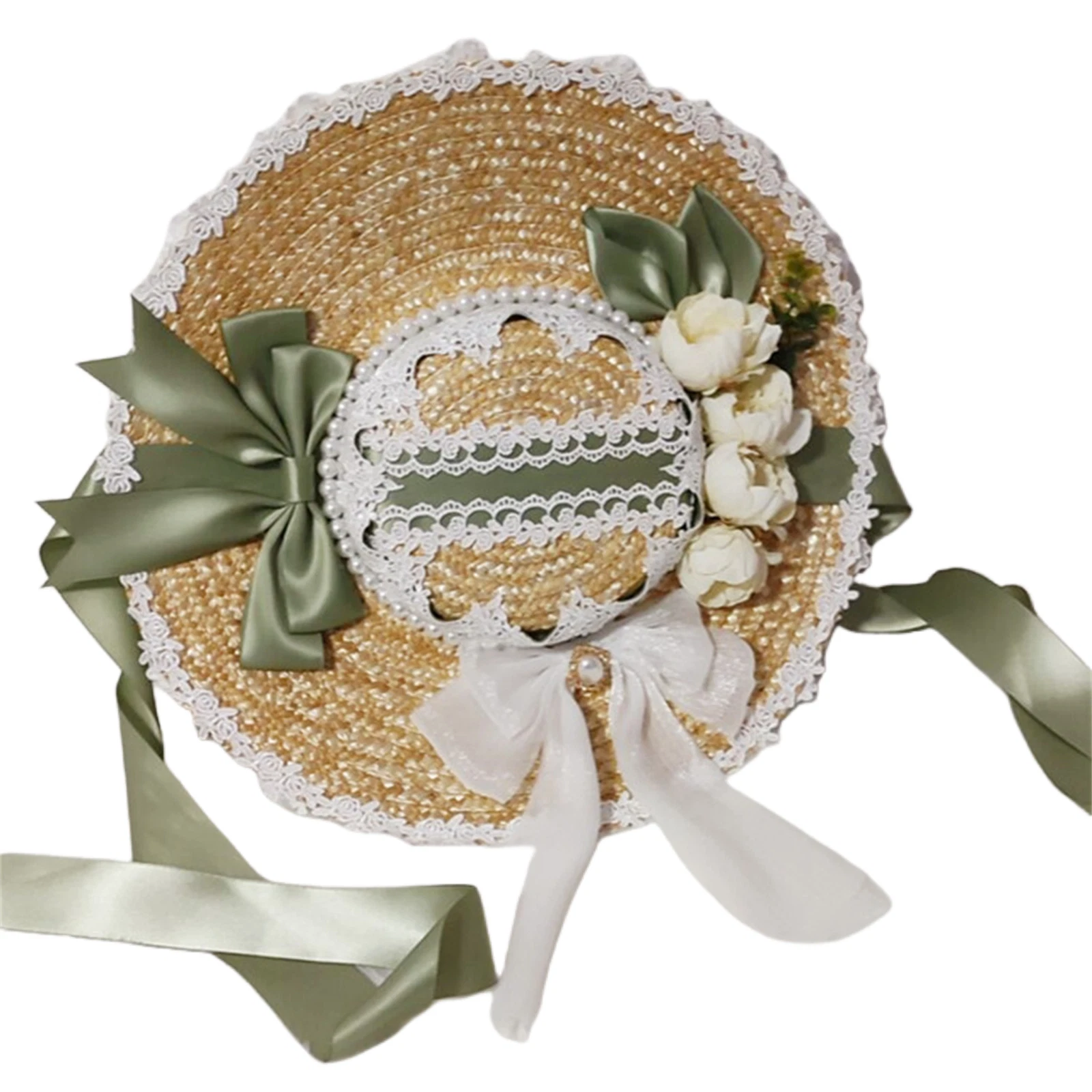 European Elegant Chic Lolita Straw Hat Mori Girl Lace Bowknot Wedding Bonnet Hat