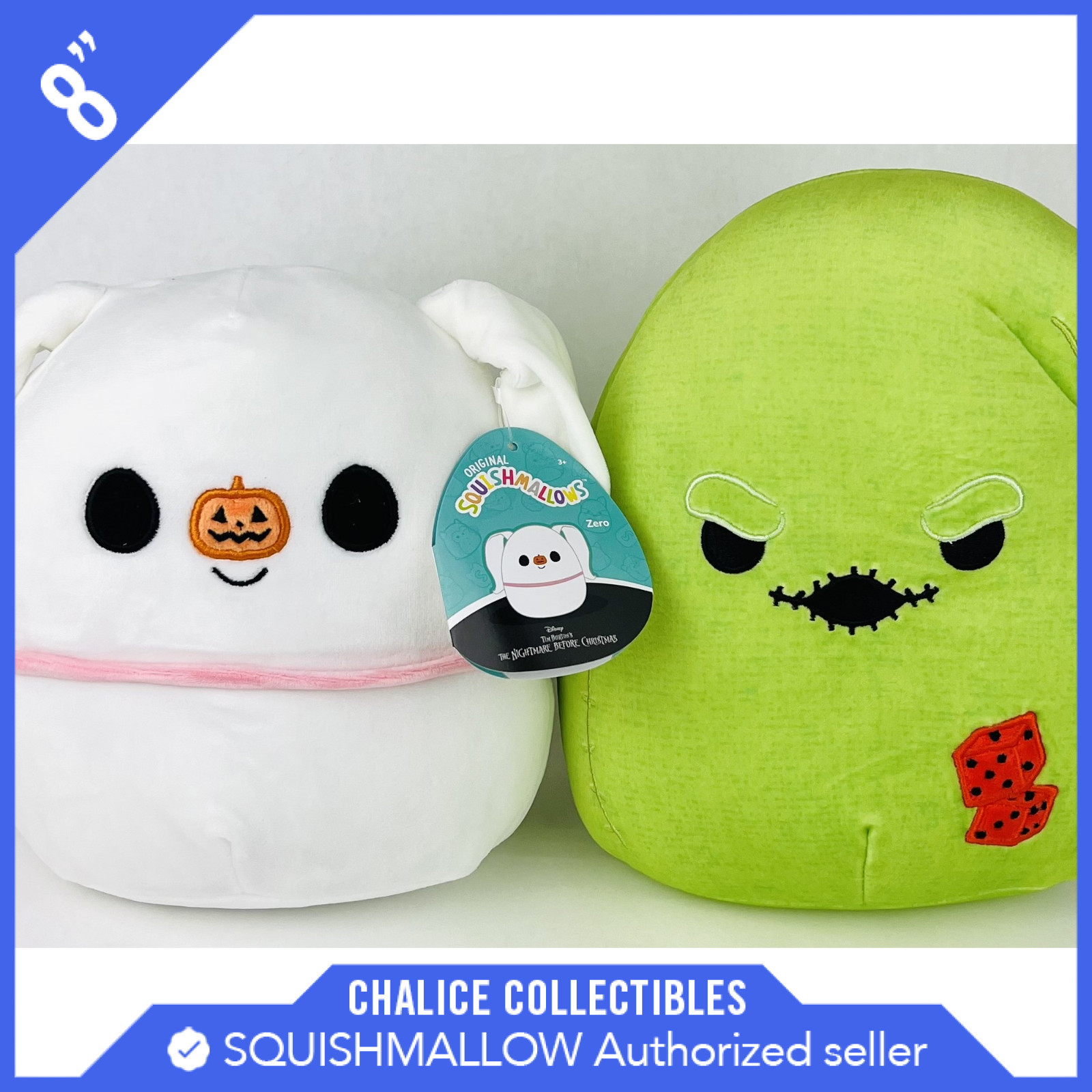 Плюшевые игрушки Squishmallow Kellytoy NBC Oogie Boogie и Zero 8 дюймов NWT, НОВЫЙ набор из 2