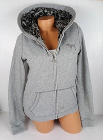 Victoria's Secret VS PINK Bling Sequin FUR Hoodie Jacket Logo Gray Small S