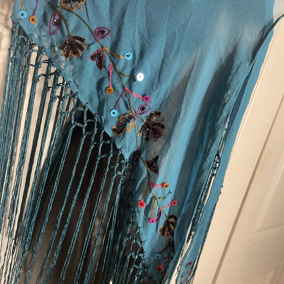 Jones New York Chal Envolvente Mujer Talla Única Azul Teal Bordado Lentejuelas Flecos Foto 4 de 4