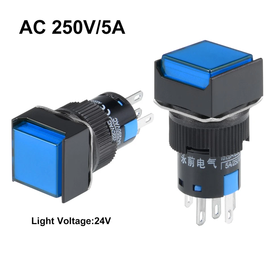 5 Pcs 16mm Momentary Push Button Switch Blue LED Light Square Button 1 NO 1 NC - Image 2 of 3
