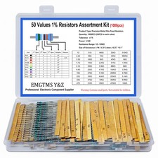 1000 Pcs 50 Values 1/4W Metal Film Resistor Assortment Kit, 0.25W 1 Tolerance 