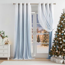 Double Layer Full Blackout Window Curtains Blue White Ombre Panels with Sheer Ov