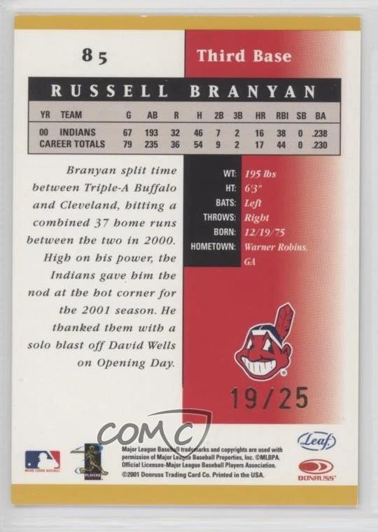 2001 Leaf Certified Materials Mirror Gold /25 Russell Branyan #85 - Image 2 of 2