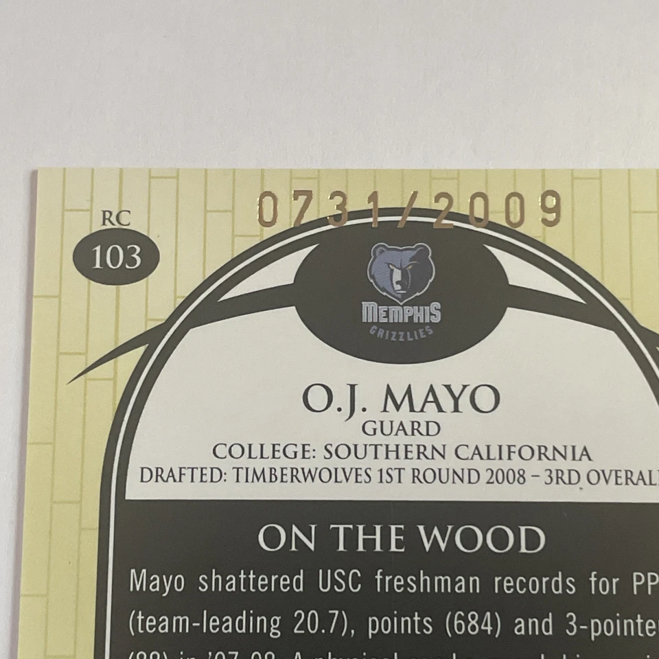 2008-09 Topps Hardwood # 103 O.J. Mayo RC # 731/2009 Memphis Grizzlies NBA - Image 4 of 4