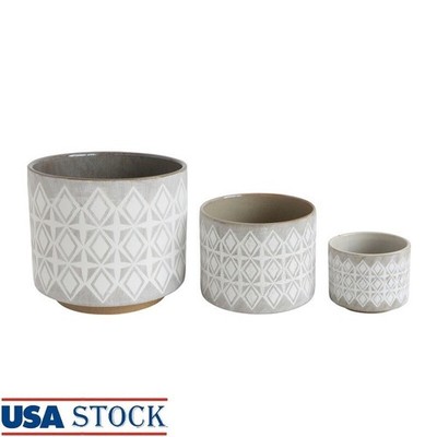 Set of 3 Geometric Round Stoneware Planters Ideal Indoor Plant Display White New