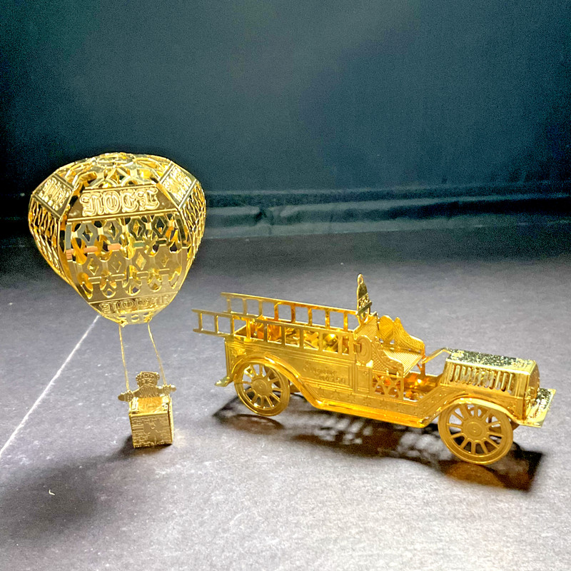 Lot of 2 Santa in Balloon & Fire Engine Gorham Goldplate Ornaments #12159