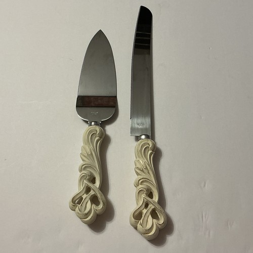 Wedding  Cake Knife & Server Set 2pc Carved Decorative Handles Stainless