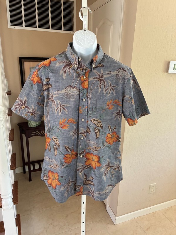 Vintage Reyn Spooner Reverse Print Hawaiian Shirt Blue Coconuts Outrigger L