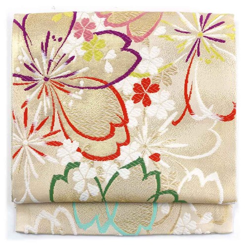 [Women] [Silk] [450cm] [Good Condition] Gold Sakura Fukuro Obi - Picture 4 of 12