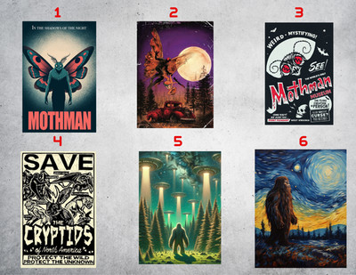 Cryptid Wall Collage Poster Prints - Bigfoot - Mothman - Aliens - UFO