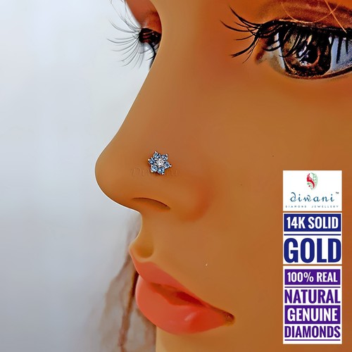 Natural 1 Diamond & 6 Gemstones Flower Nose Lip Labret Piercing Pin Stud Screw - Picture 24 of 91
