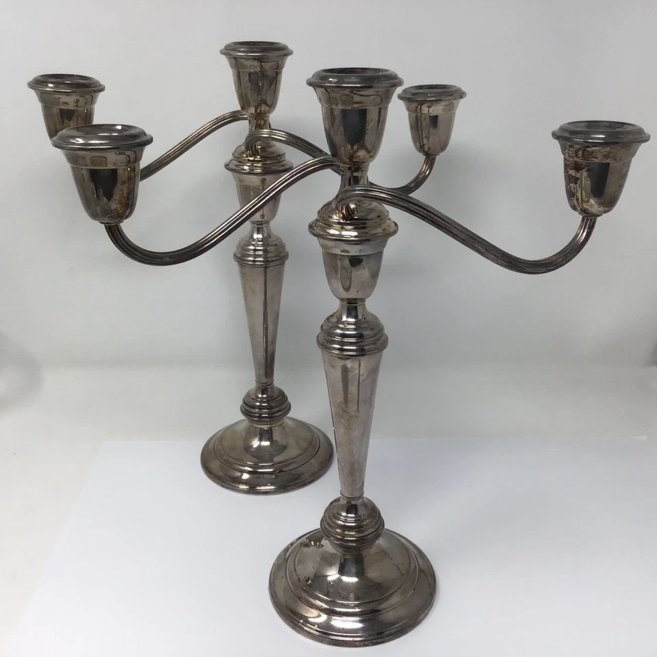 "Juego de dos candelabros vintage GORHAM enchapados en plata de 3 luces de 12""" Foto 2 de 4