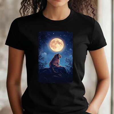 Frauen T-Shirt Tiger und Vollmond Motiv Baumwolle Größe S bis 3XL