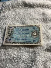 1944 WWII Germany Allied Occupation Military Currency 10 Mark Banknote Fine
