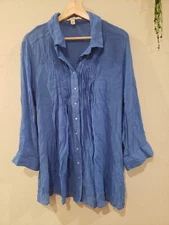 Fever 3/4 Sleeve Blouse Button Down  Blue  L