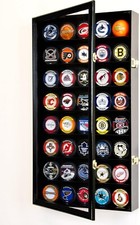Hockey Puck Display Case 40 Black Wood Holder Cabinet Wall Baseball Shadow Box