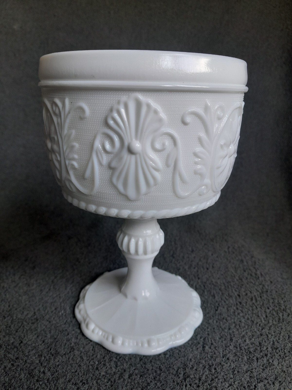 Vintage Indiana Milk Glass Pedestal Compote with Floral Daisy Medallion