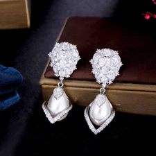 Silver Plated Cubic Zirconia White Dangle Pearl Drop Earrings for Women Ladies