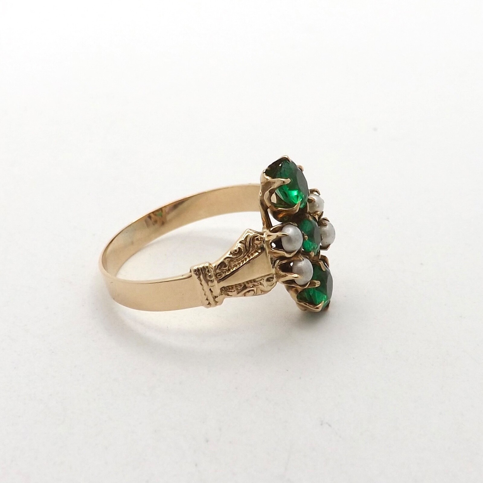 Victorian Solid 10K Gold Simulated Emerald Pearl … - image 4