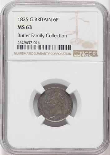 GREAT BRITAIN GEORGE IIII  1825  6  PENCE SILVER COIN NGC CHOICE UNCIRCULATED 63