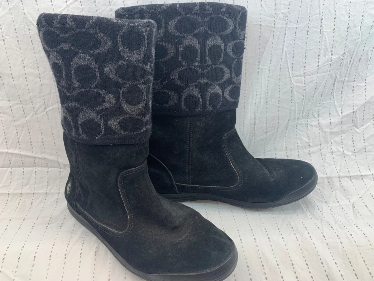 Coach Size 6.5 Tatum Boots Black Suede Leather Wool Logo Sweater