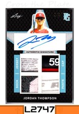 1-2019 LEAF PERFECT GAME QUAD PATCH PLATINUM AUTO JORDAN THOMPSON DODGERS 2/3