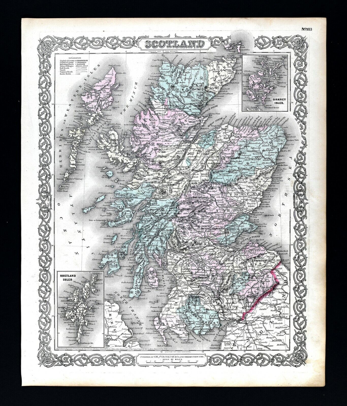 1874 Colton Map Scotland Edinburgh Glasgow Stirling Aberdeen Loch Ness Inverness