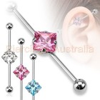 14G 38mm Square CZ Industrial Barbell Bar Ear Ring Body Piercing Jewellery