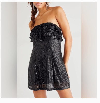 FREE PEOPLE FRIDA RUFFLE BLACK STRAPLESS SEQUIN MINI DRESS sz 2