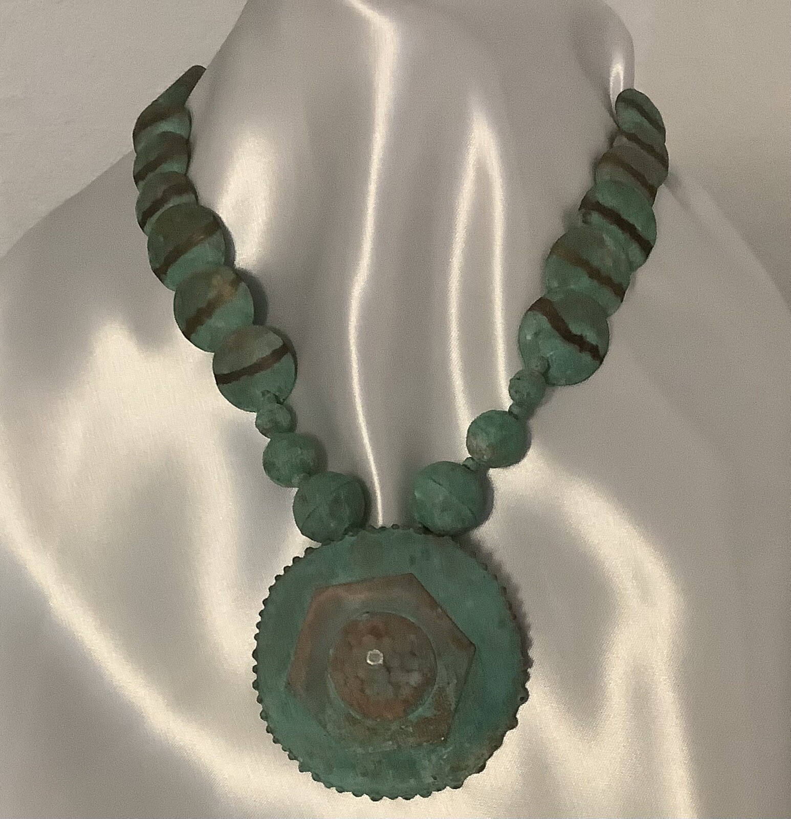 Vintage Statement Artisan Copper Verdigris Medall… - image 1