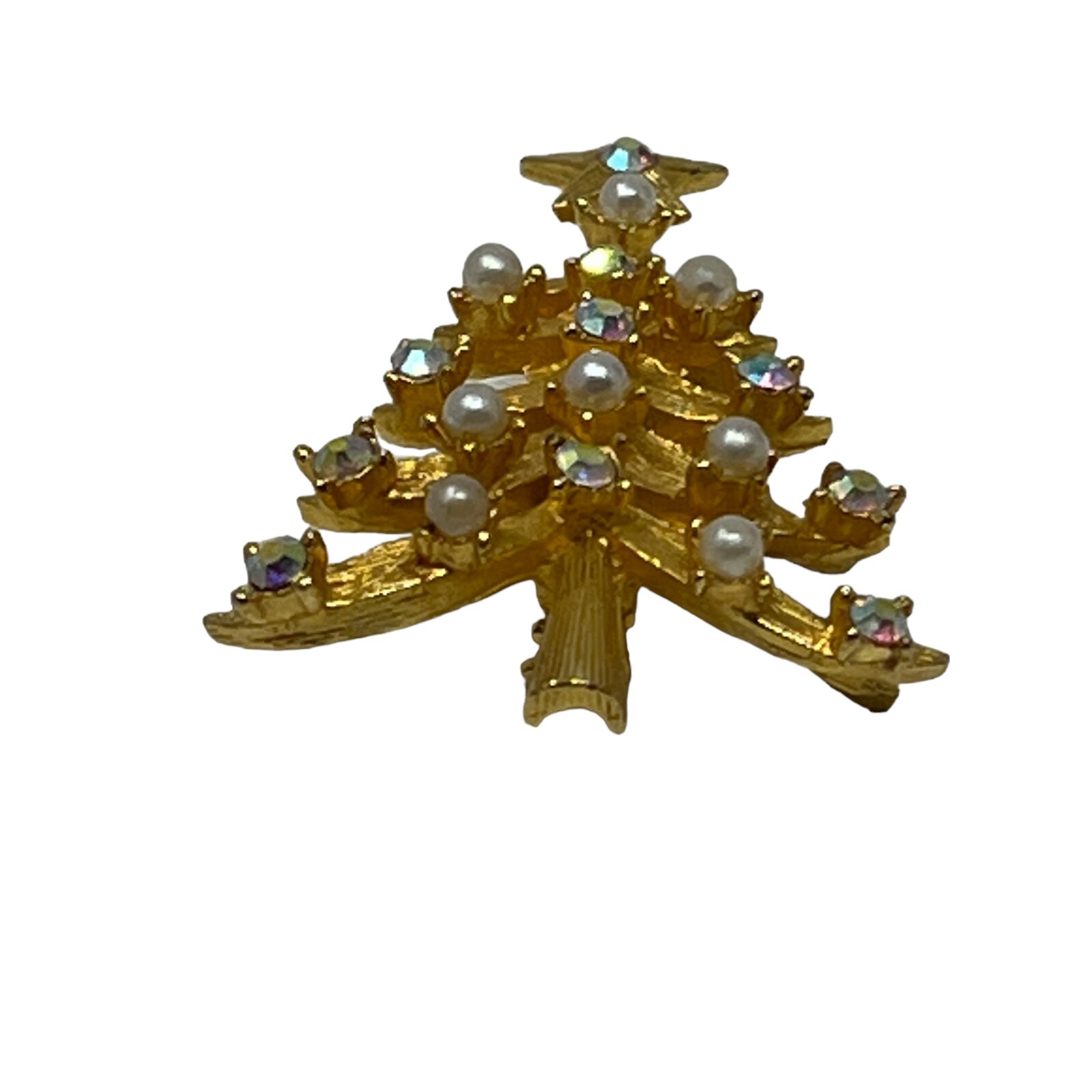 MYLU Christmas Tree Brooch Gold Tone AB Rhinestones Faux Pearls Book